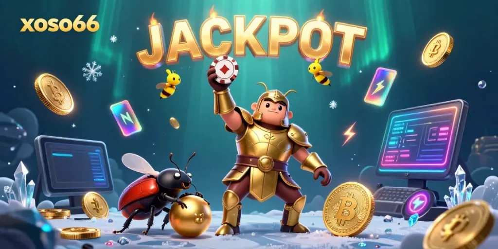 Engage with xoso66's thrilling casino experience as the victorious beetle lifts a poker chip in the spotlight.