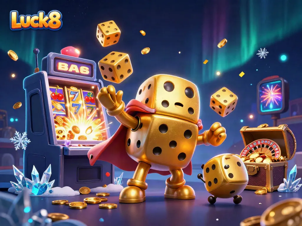 Experience exciting gameplay at Luck8 as golden dice play amidst a vibrant casino scene.