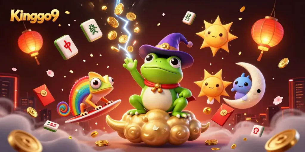 Experience Kinggo9 with a whimsical, engaging digital illustration featuring vibrant characters and gaming elements.
