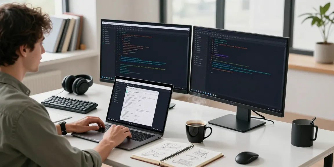 Developer optimizing instant indexing tools at a tech workspace with dual monitors.